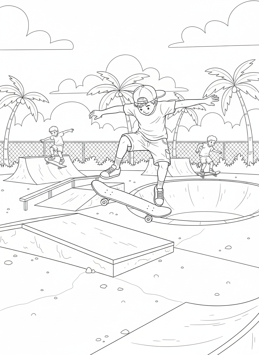 Skateboard-Trick im Skatepark mit Rampen