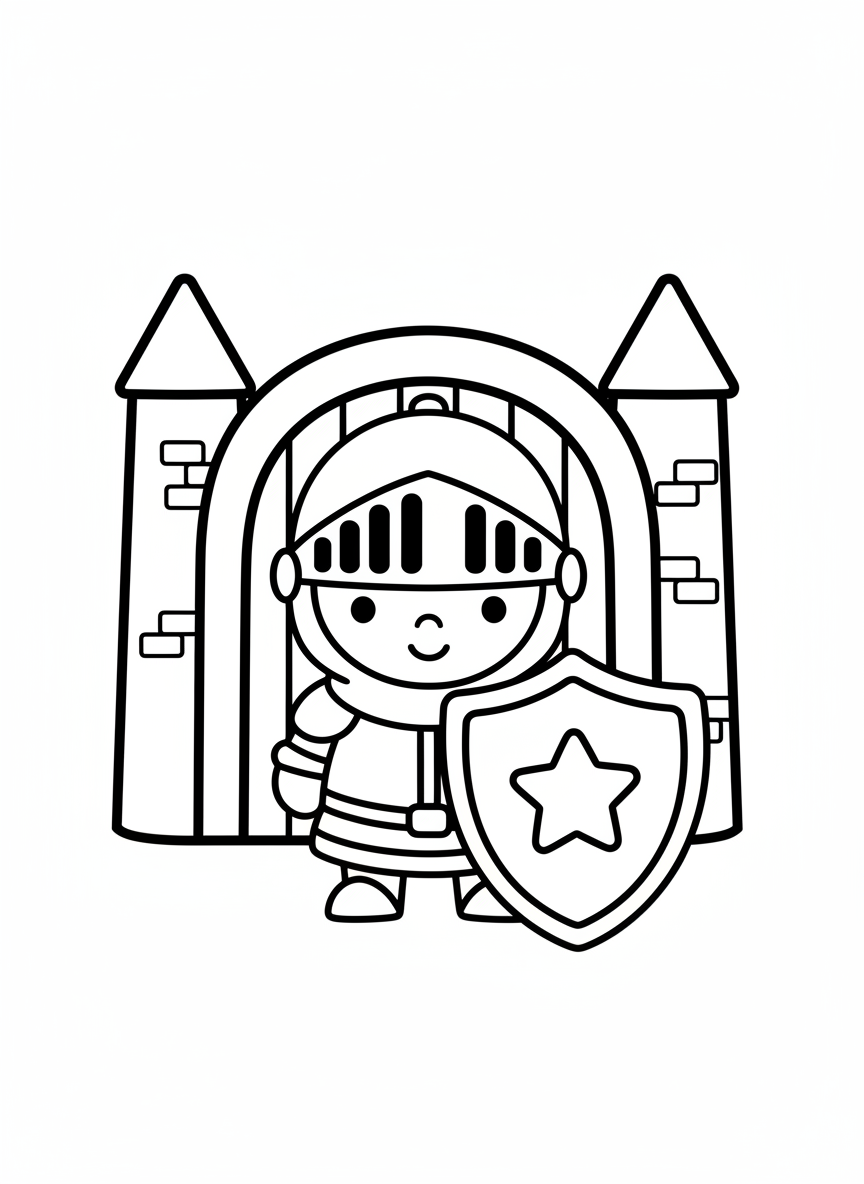 Ritter mit Schild vor einem Burgtor