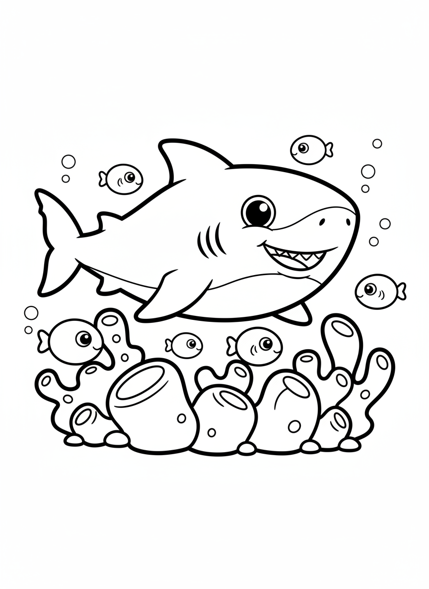 Hai schwimmt zwischen Korallen und kleinen Fischen