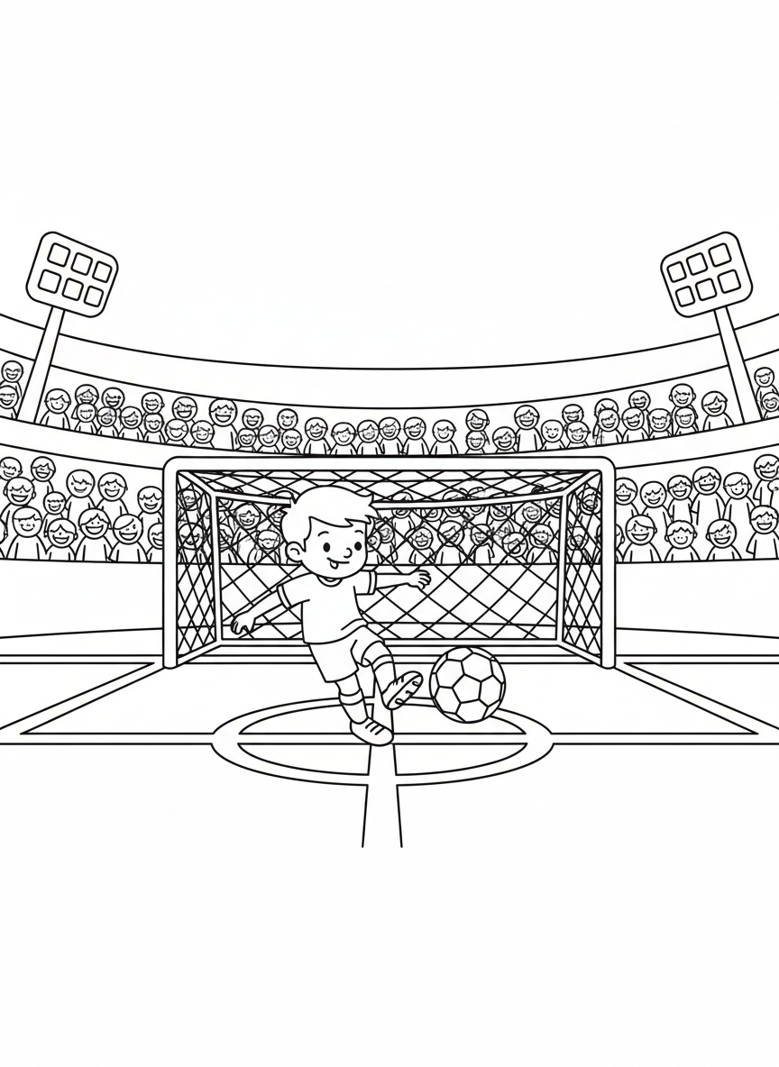 Kind schießt ein Tor im Fußballstadion