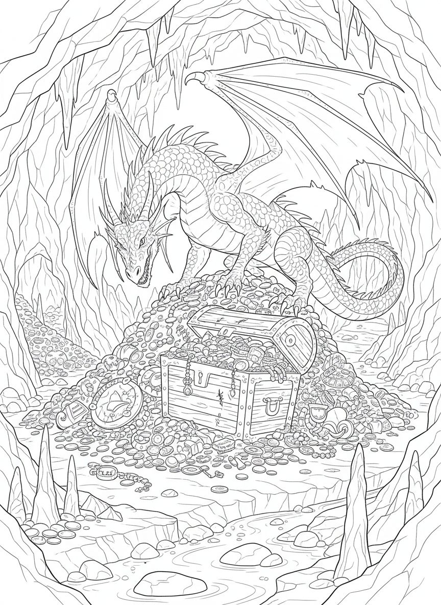 Drache bewacht eine Schatzkiste in der Höhle