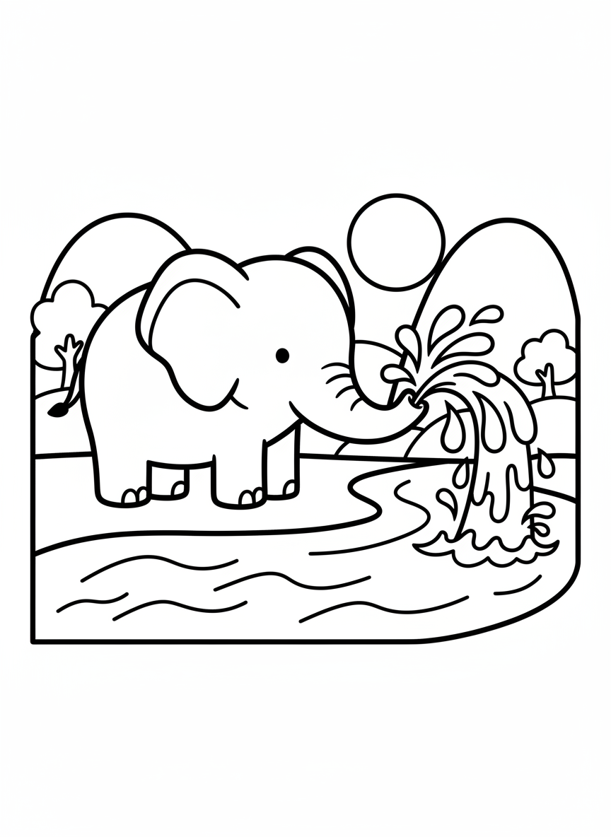 Elefant spritzt Wasser am Fluss
