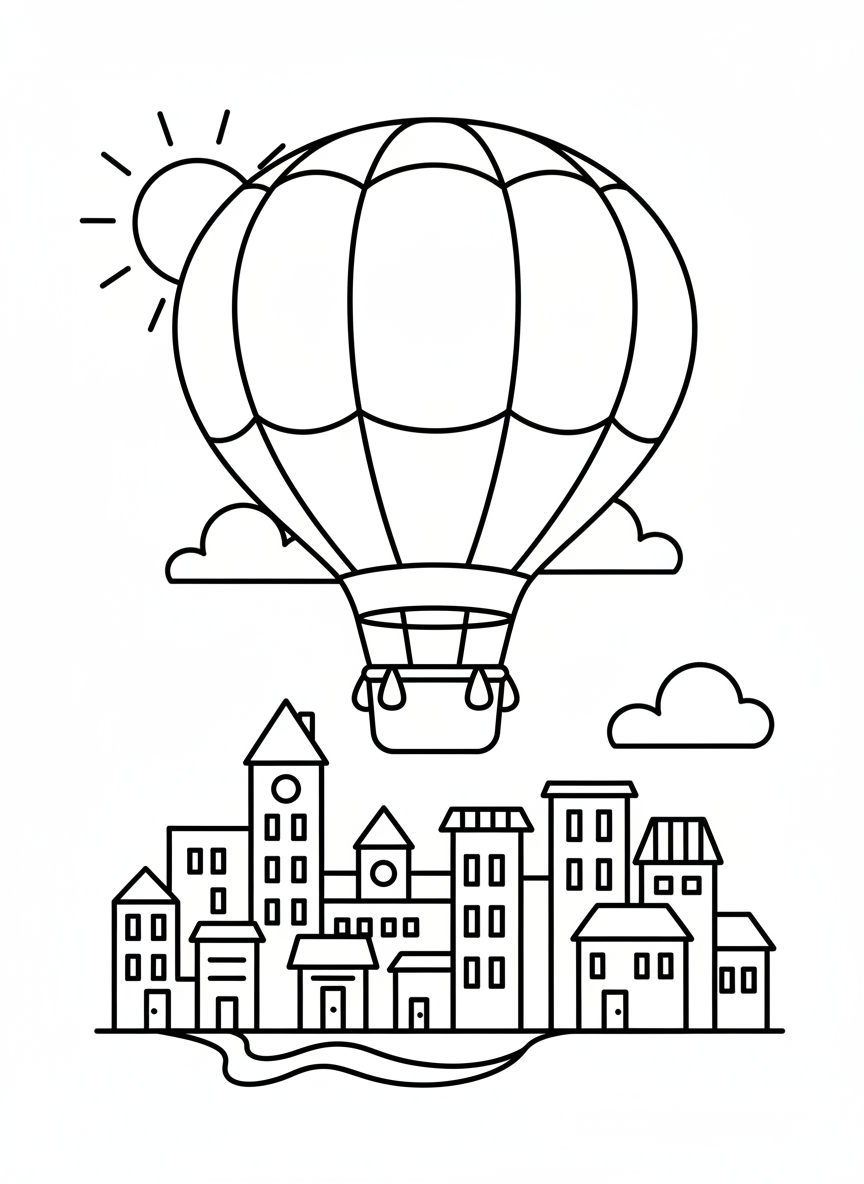 Heißluftballon über einer Stadt