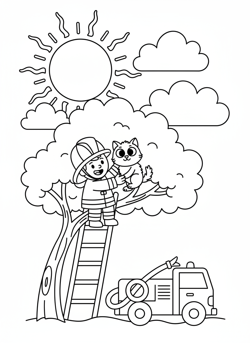 Feuerwehrmann rettet eine Katze vom Baum