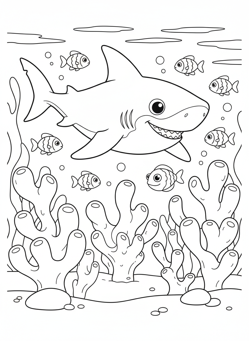 Hai schwimmt zwischen Korallen und kleinen Fischen