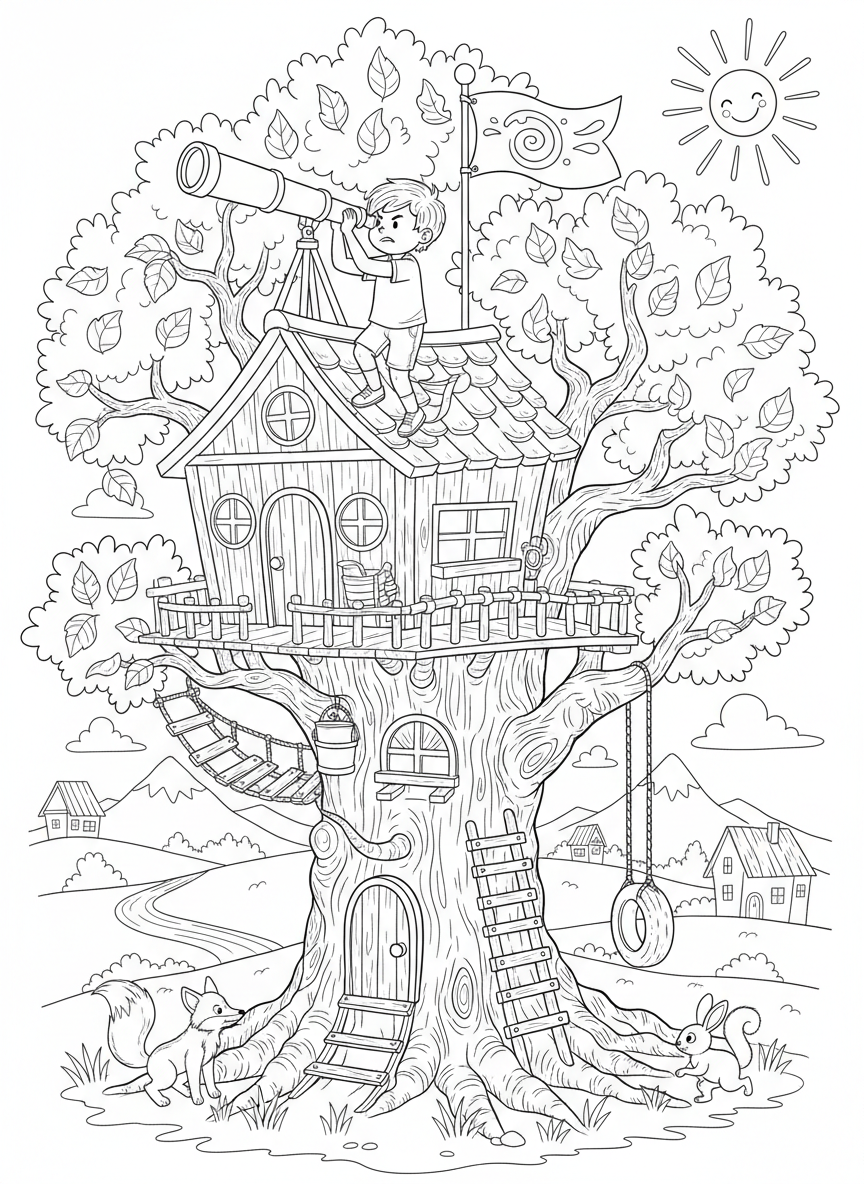 Baumhaus mit Fernrohr und Fahne