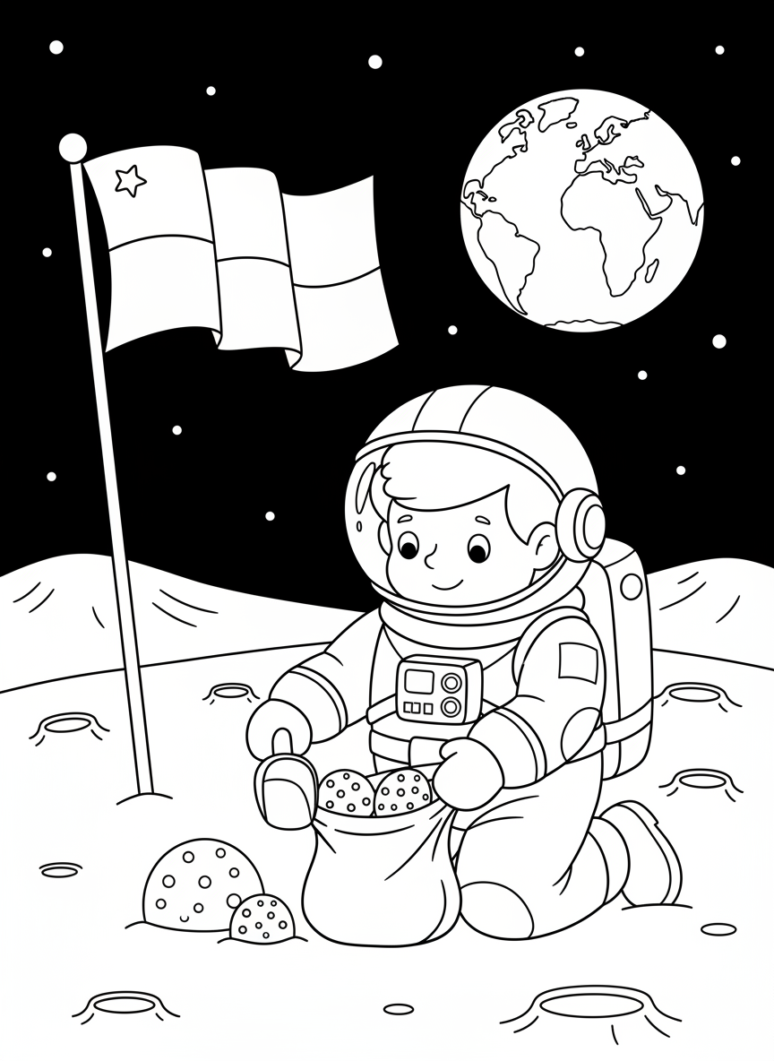 Astronaut sammelt Steine auf dem Mond neben einer Flagge
