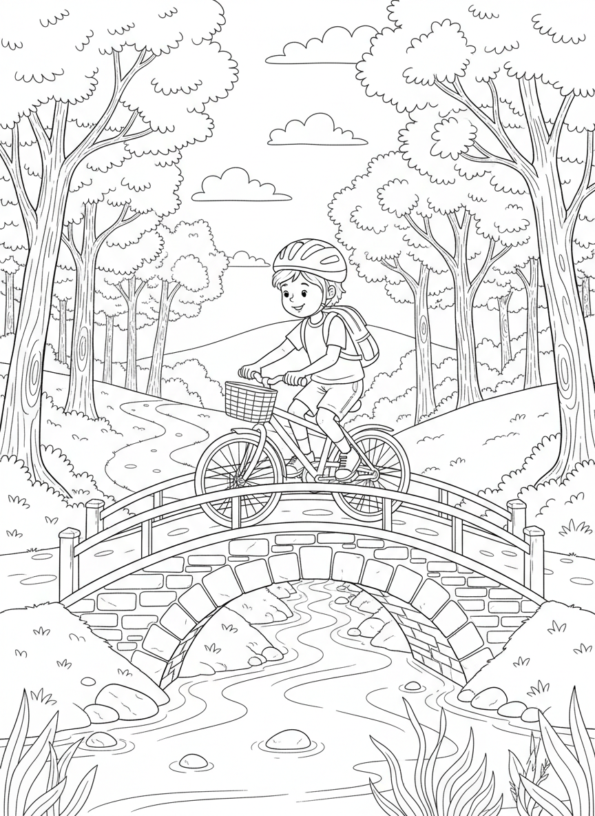 Kind fährt Fahrrad über eine kleine Brücke