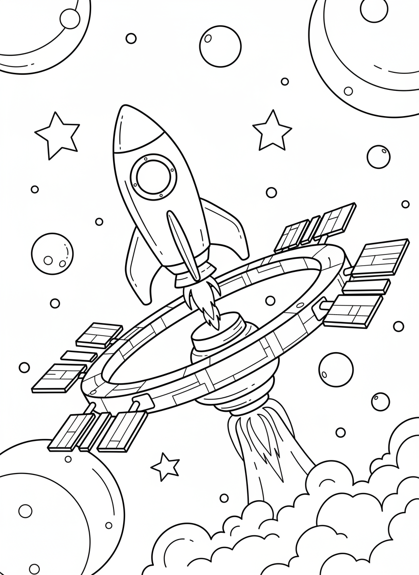 Rakete startet von einer Raumstation ins All