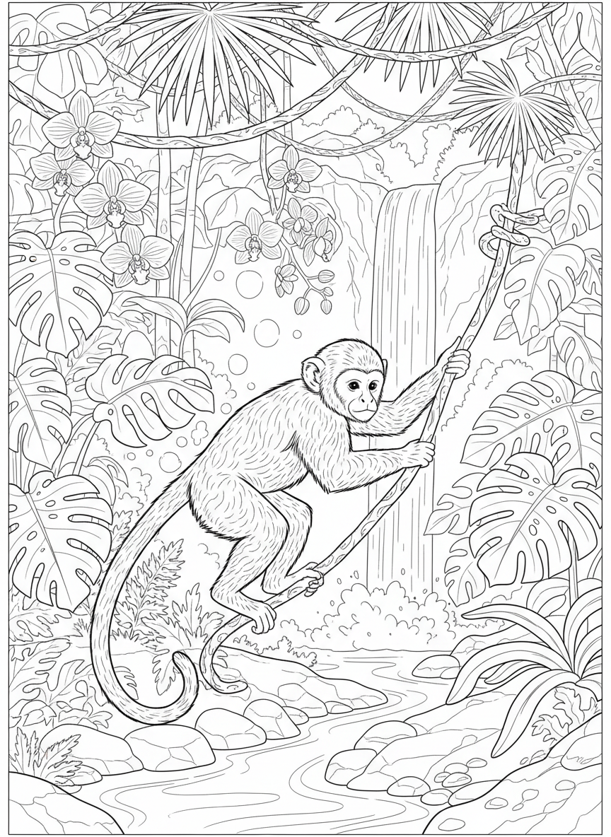 Affe schwingt an Lianen im Dschungel