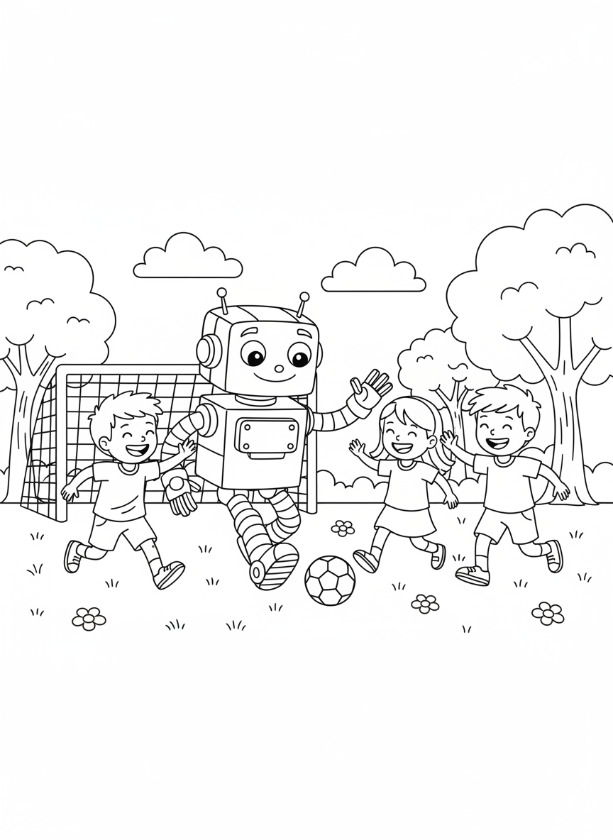 Roboter spielt Fußball mit Kindern