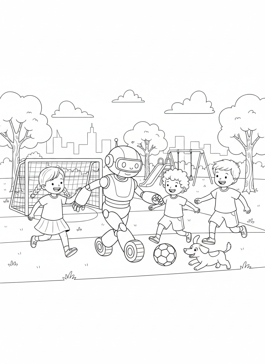 Roboter spielt Fußball mit Kindern