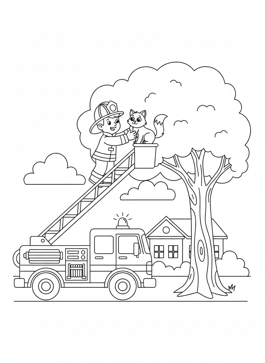 Feuerwehrmann rettet eine Katze vom Baum