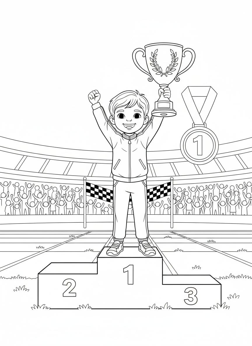 Kind hält einen Pokal auf dem Siegerpodest