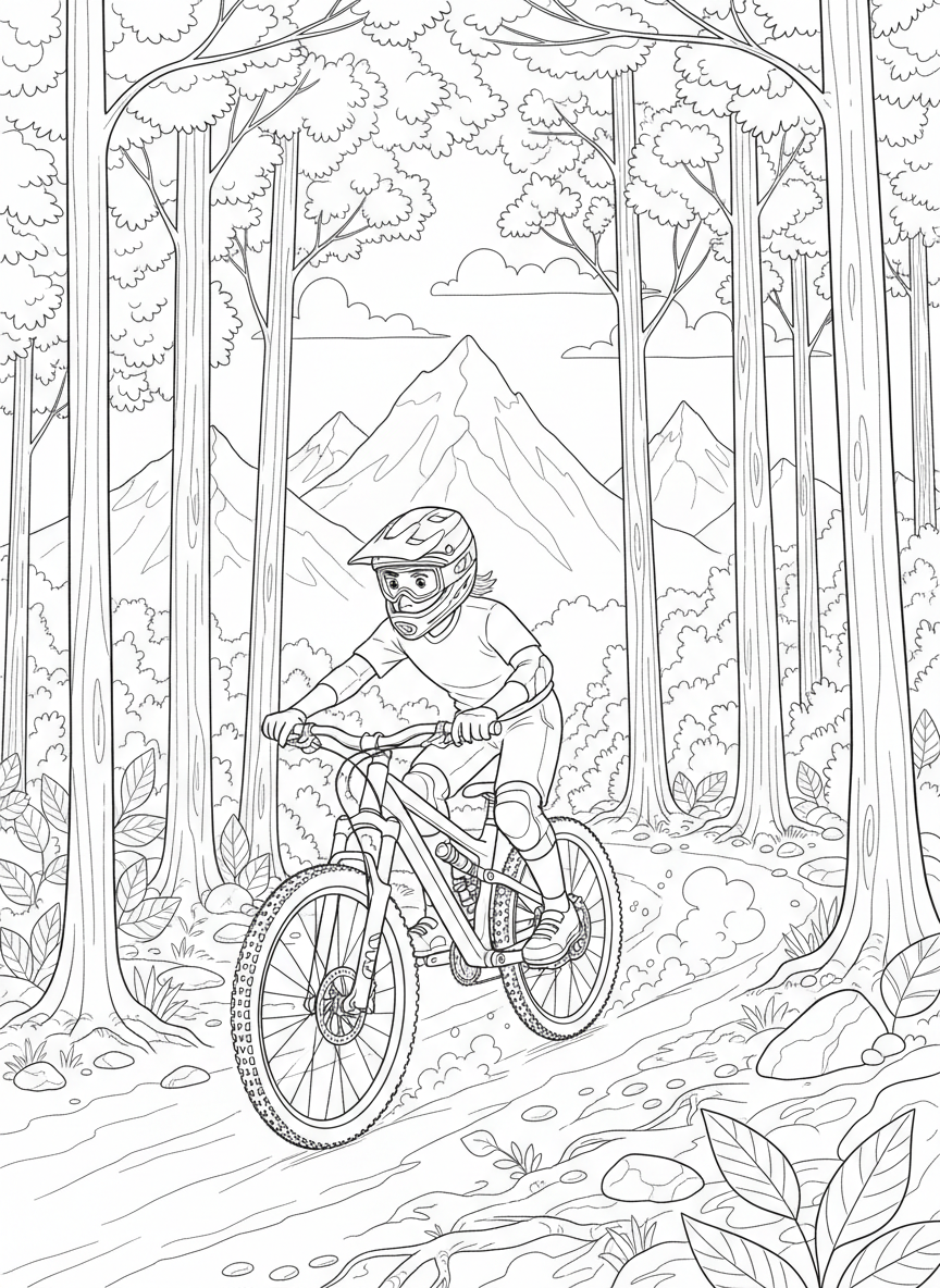 Mountainbike fährt einen Waldweg entlang