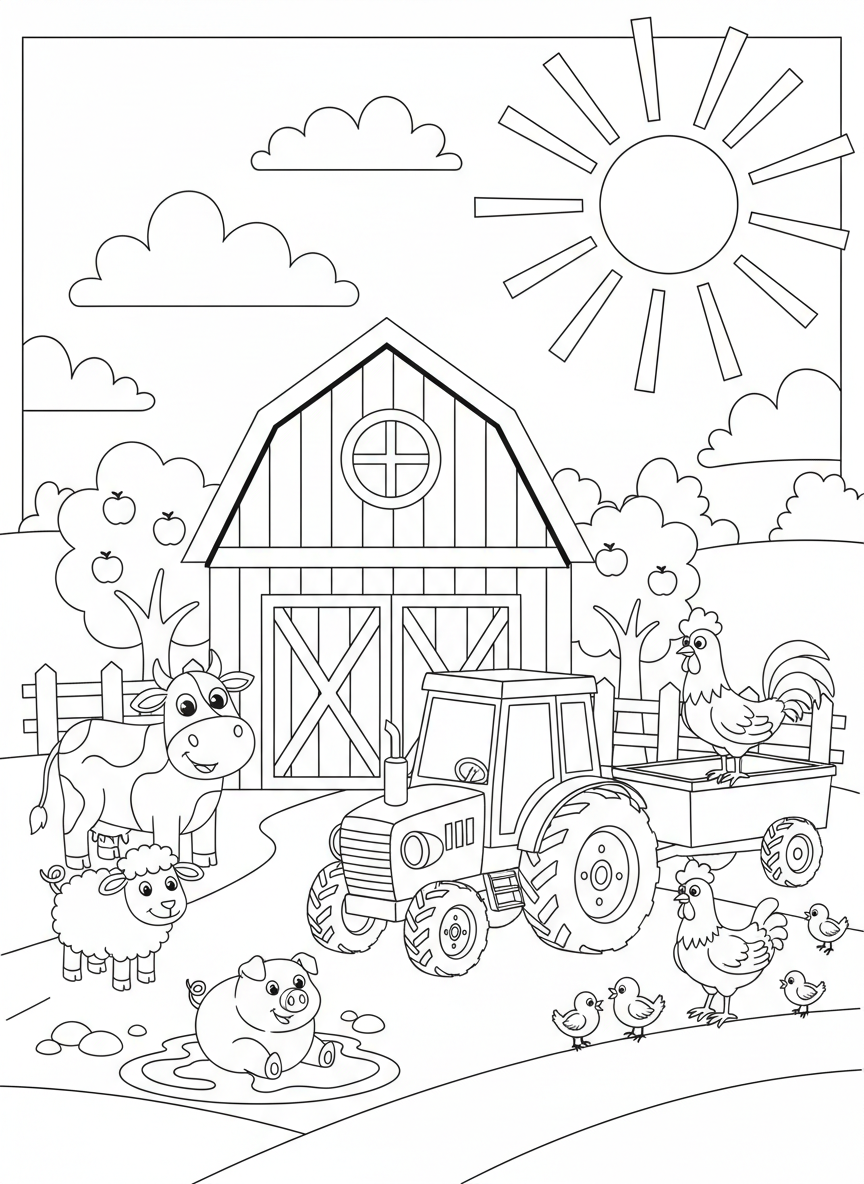 Bauernhof mit lustigen Tieren, Scheune und Traktor