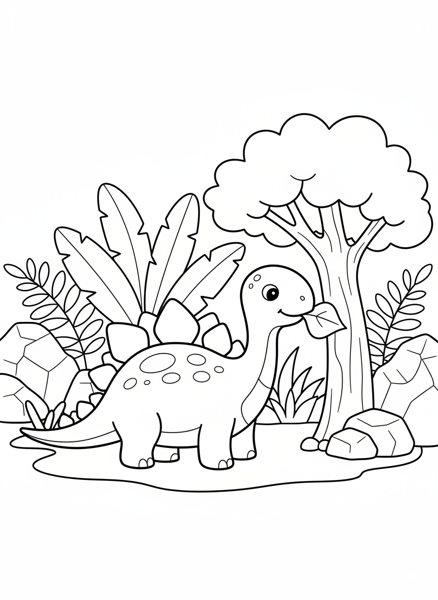 Stegosaurus frisst Blätter im Urwald