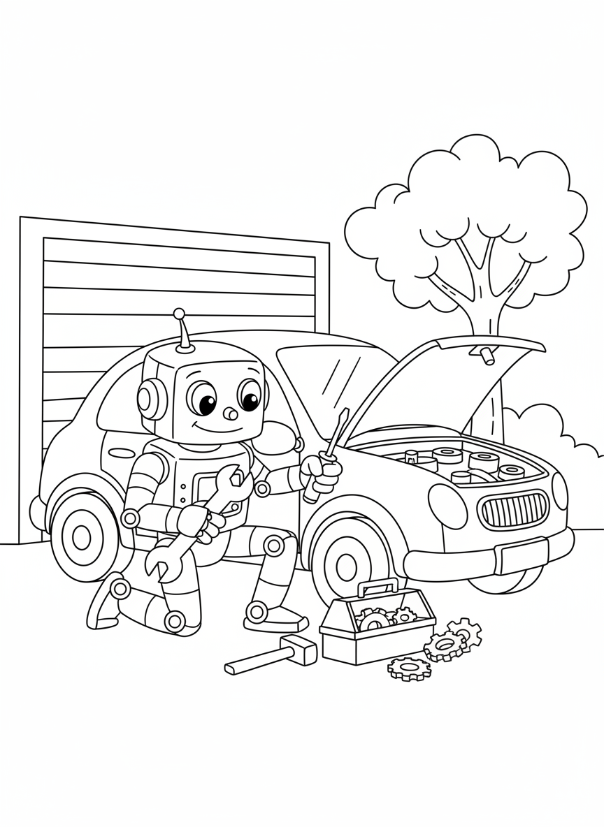 Roboter repariert ein Auto mit Werkzeug