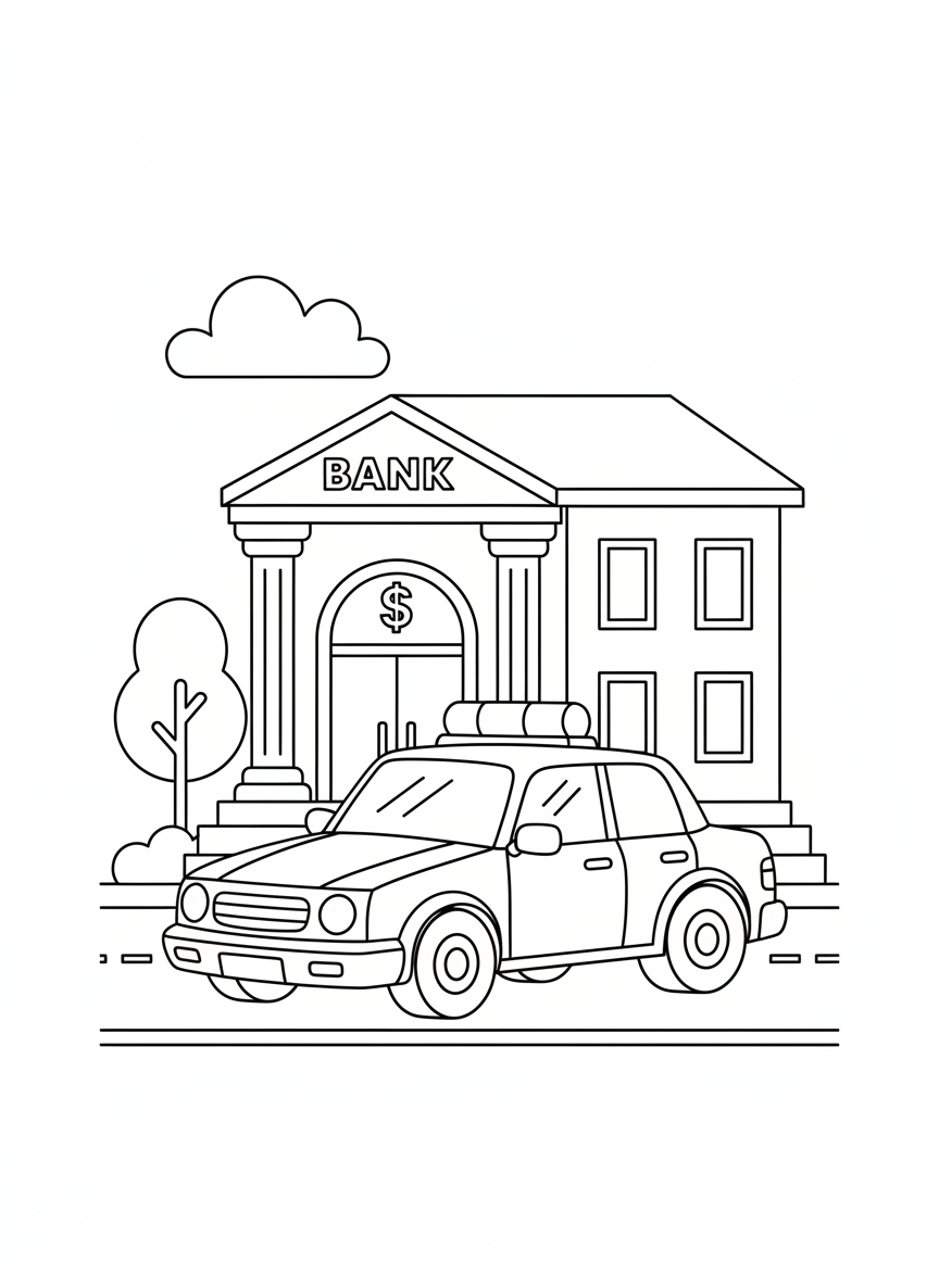 Polizeiauto mit Blaulicht vor einer Bank