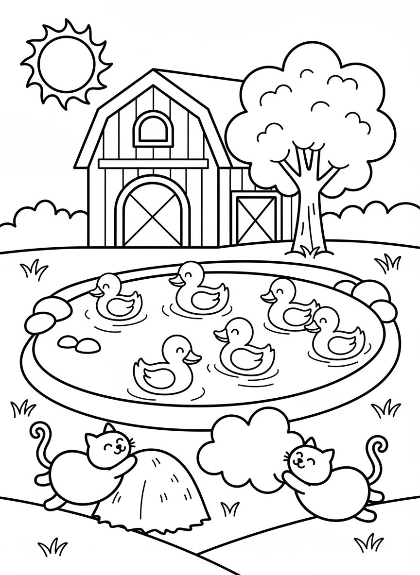 Bauernhof mit Teich, Enten und spielenden Katzen