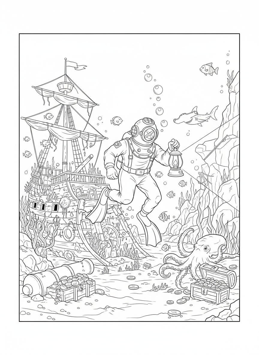 Taucher erkundet ein Schiffswrack