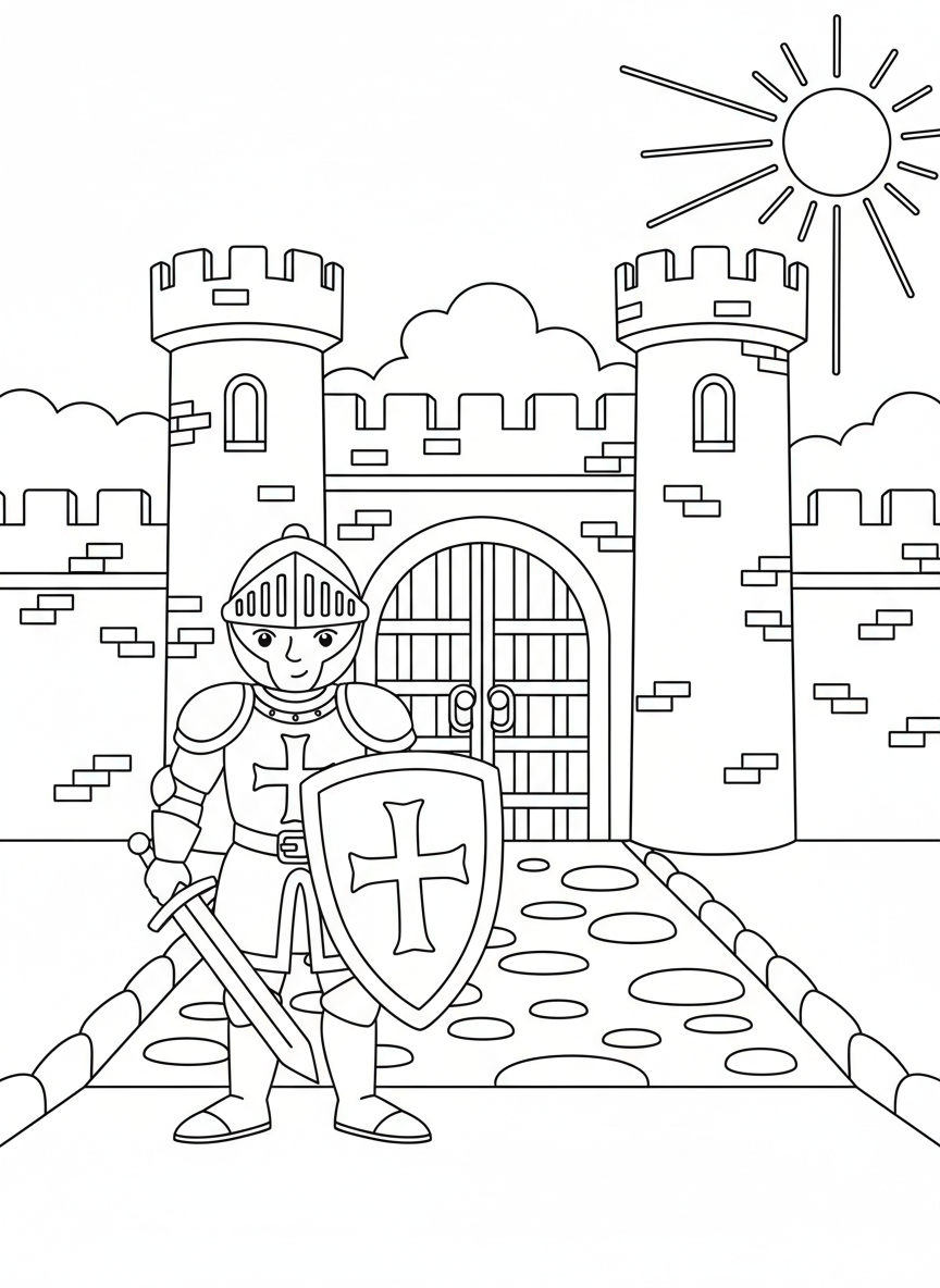 Ritter mit Schild vor einem Burgtor