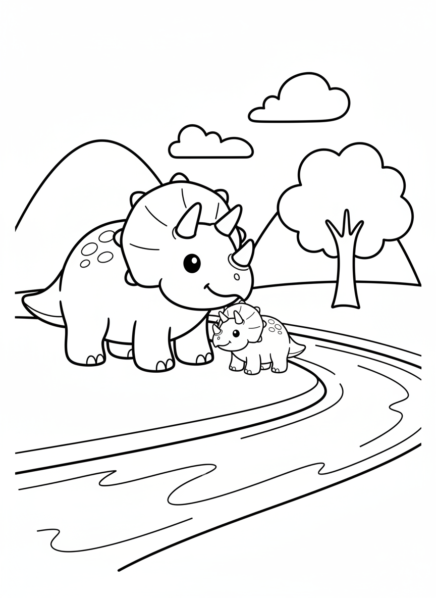 Triceratops mit Jungtier an einem Fluss