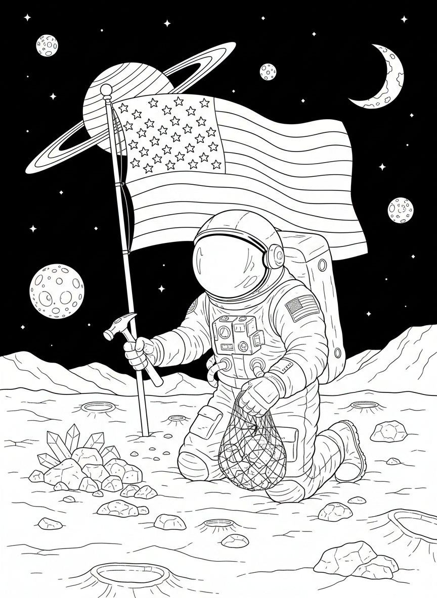 Astronaut sammelt Steine auf dem Mond neben einer Flagge