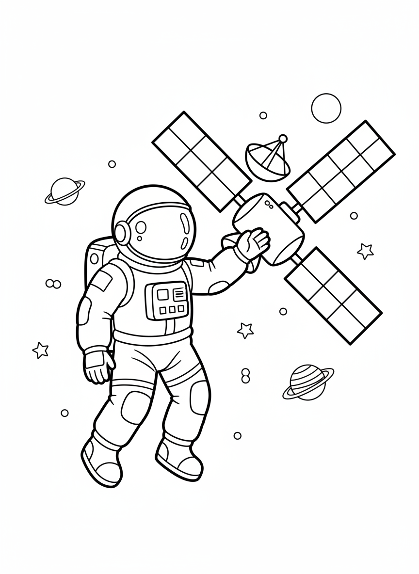 Raumfahrer schwebt im All neben Satelliten