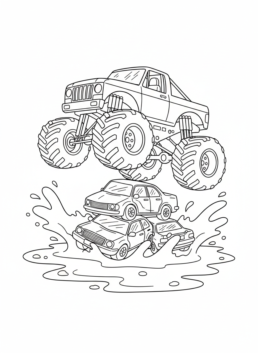 Monstertruck springt über Autos und Matsch