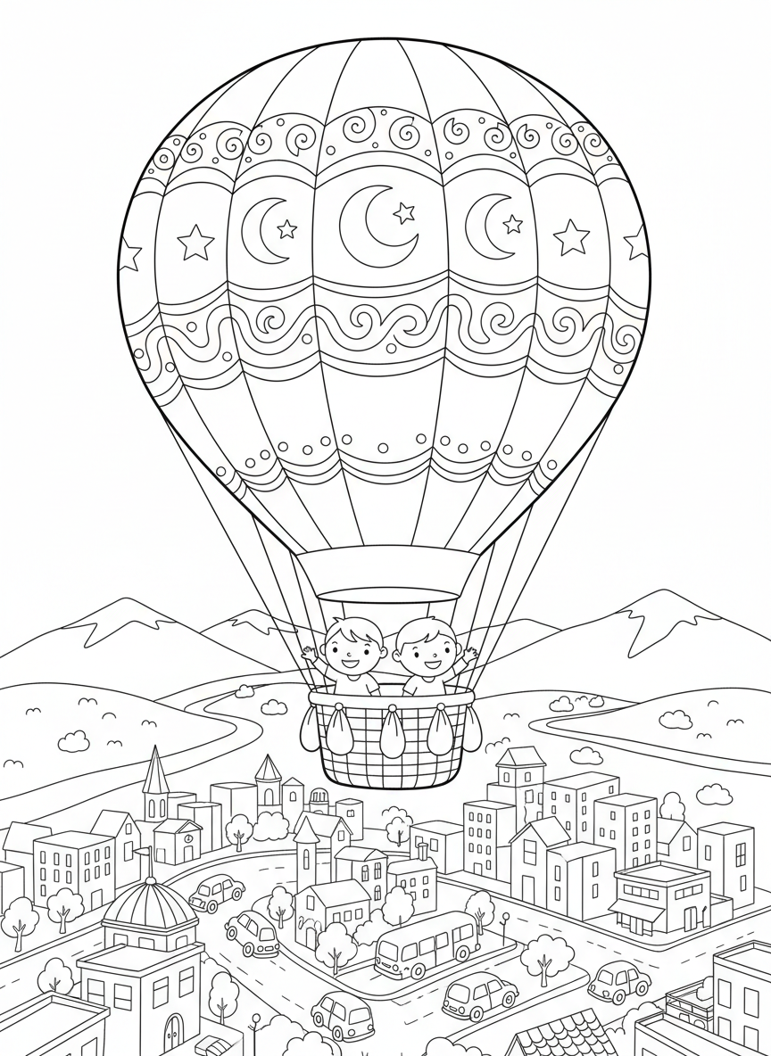 Heißluftballon über einer Stadt