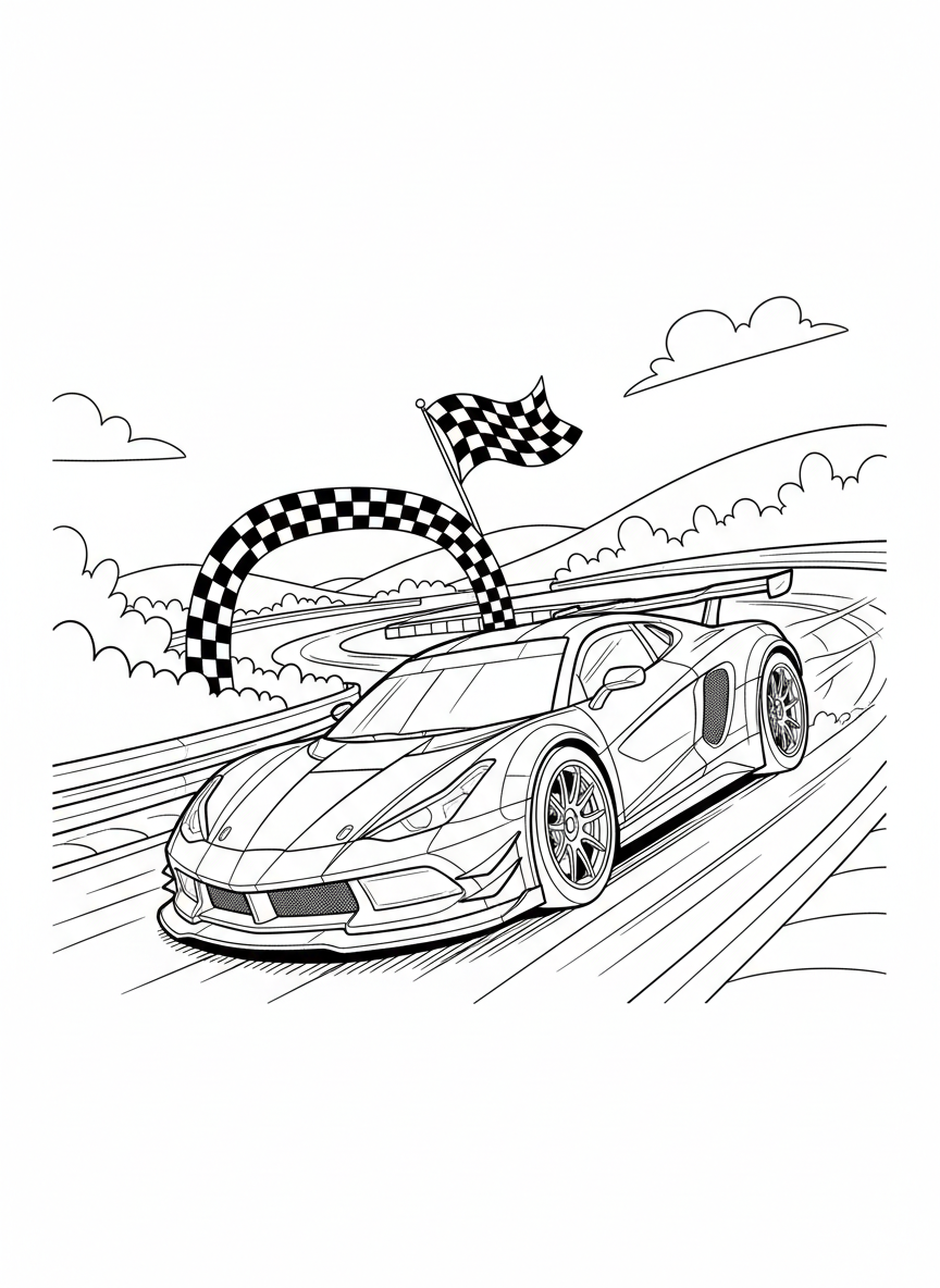 Rennwagen auf einer Strecke mit Zielflagge