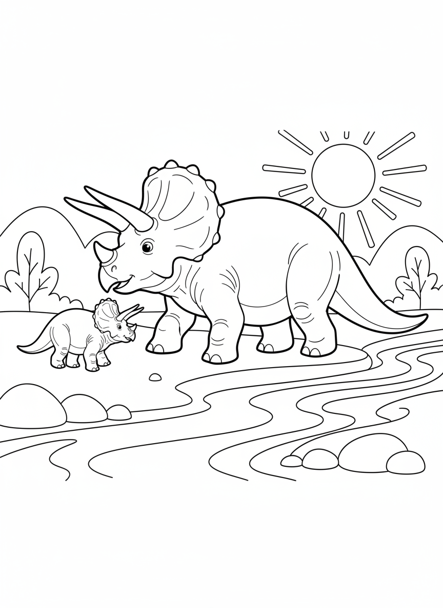 Triceratops mit Jungtier an einem Fluss