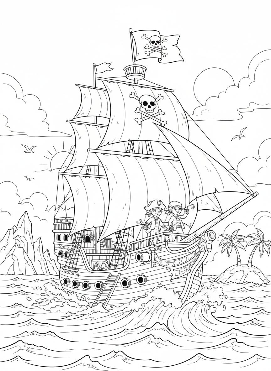 Piratenschiff mit wehender Flagge auf hoher See