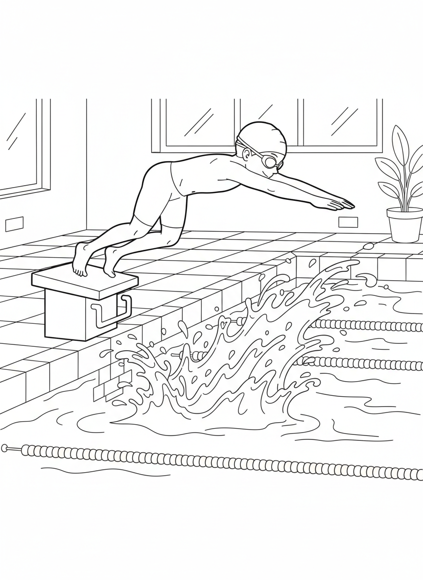 Schwimmer springt vom Startblock ins Becken