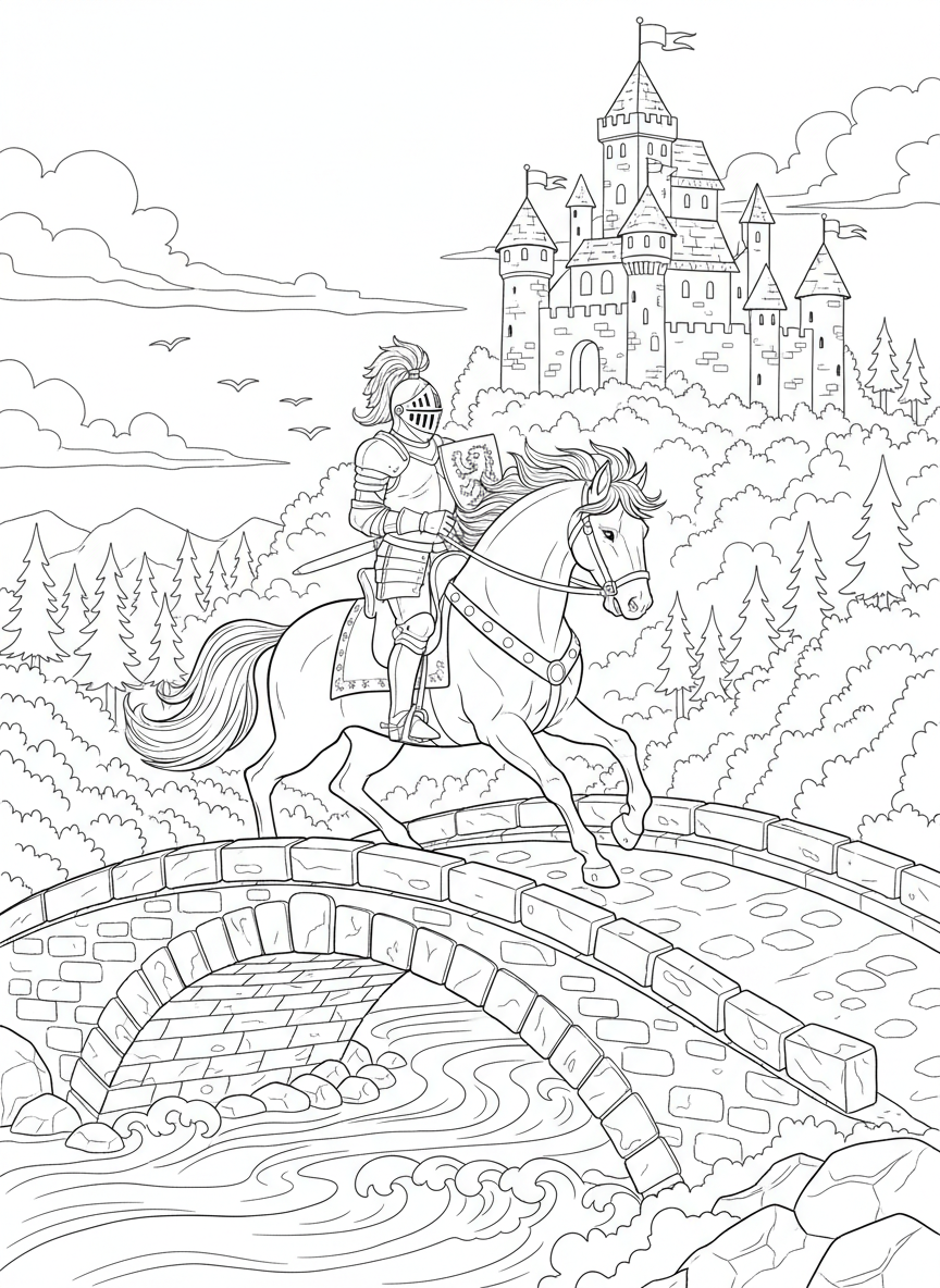 Ritter reitet auf einem Pferd über eine Brücke