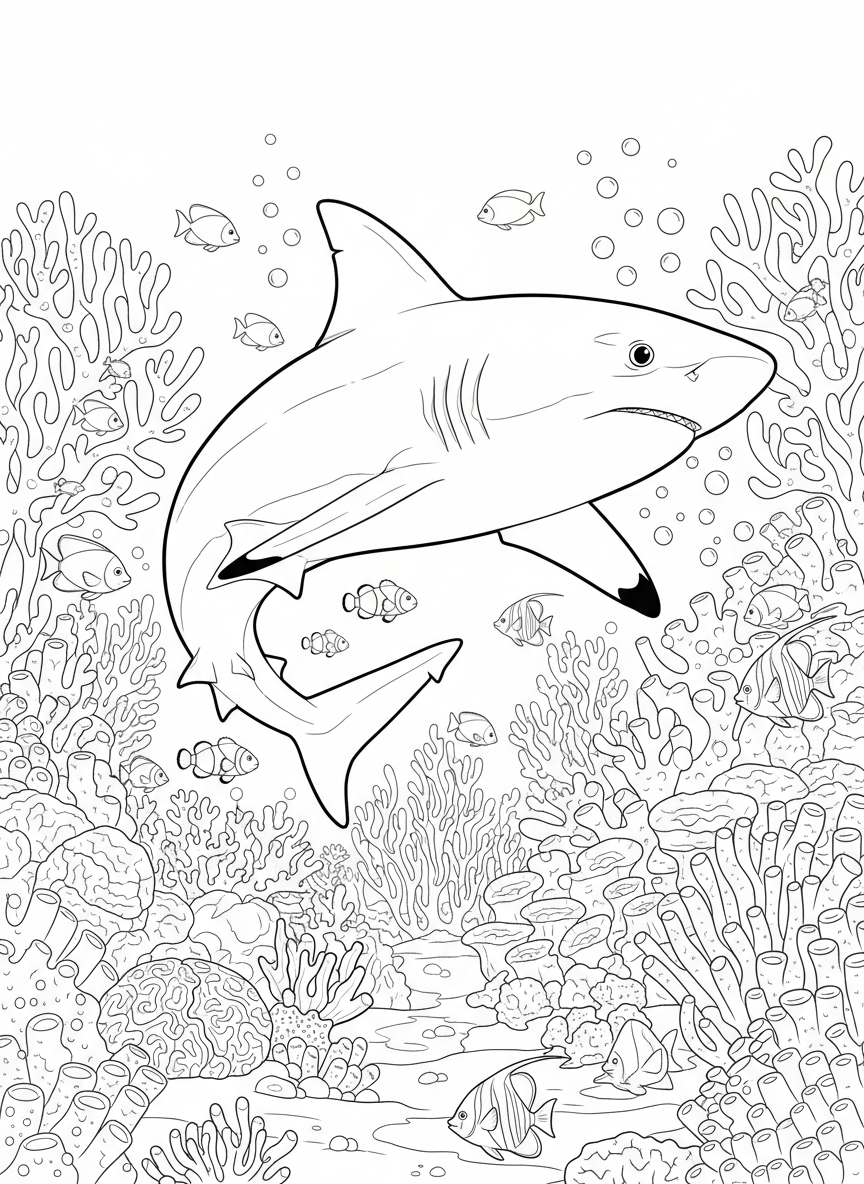 Hai schwimmt zwischen Korallen und kleinen Fischen