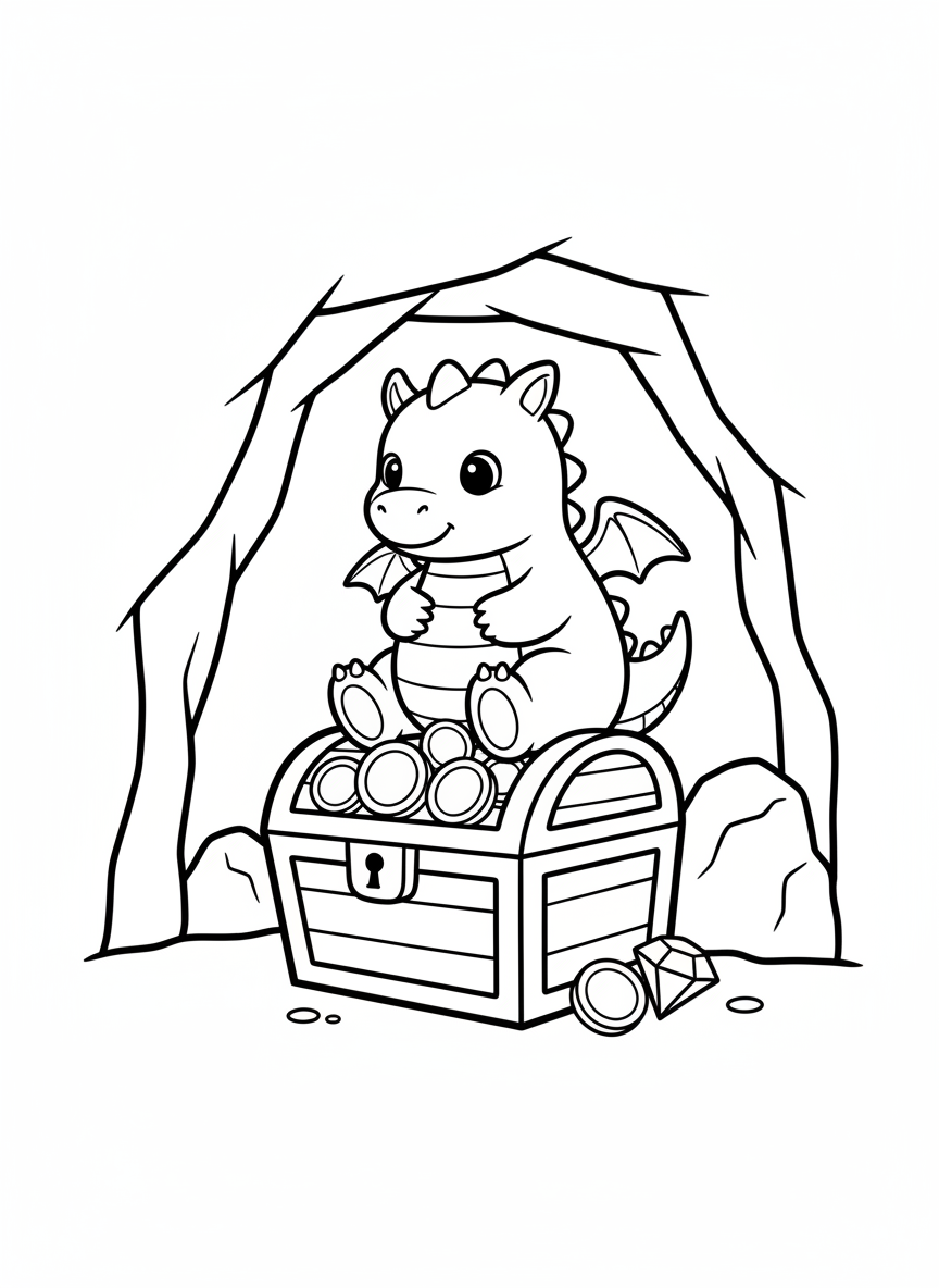 Drache bewacht eine Schatzkiste in der Höhle