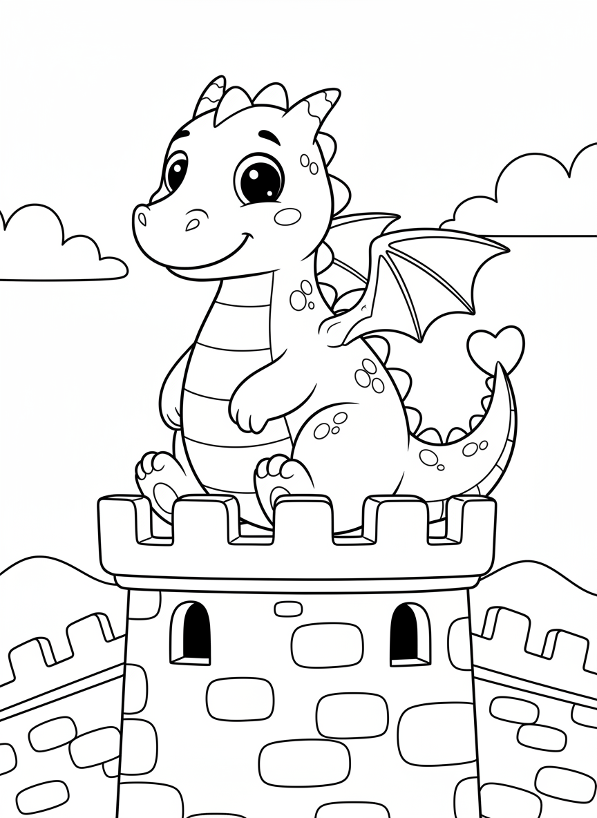 Freundlicher Drache sitzt auf einer Burgmauer