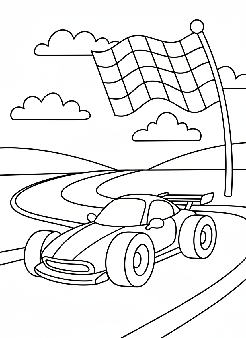 Rennwagen auf einer Strecke mit Zielflagge