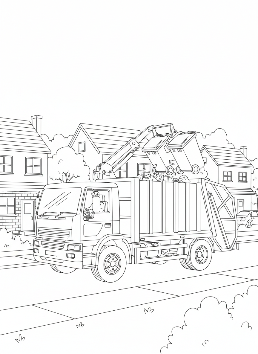 Müllauto leert Tonnen in einer Wohnstraße