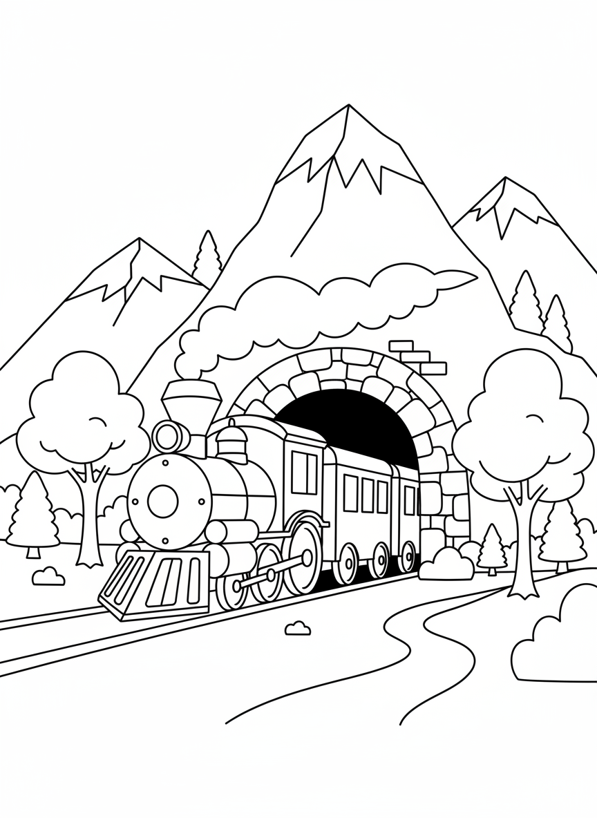 Zug fährt durch einen Tunnel in den Bergen