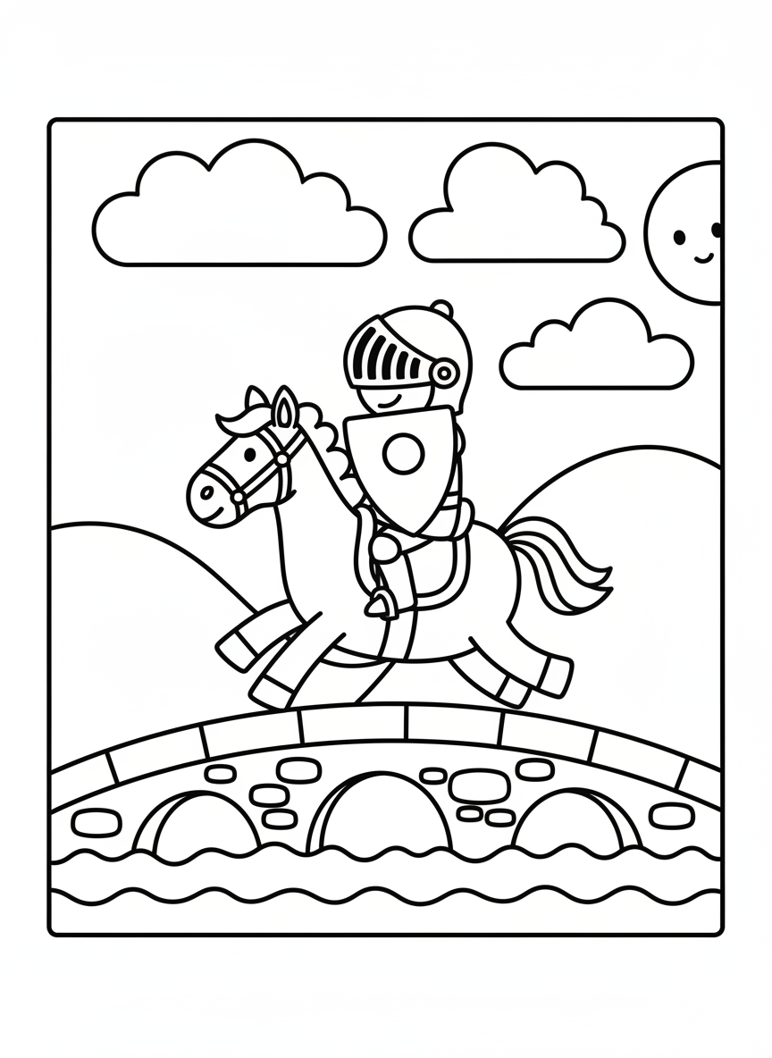 Ritter reitet auf einem Pferd über eine Brücke